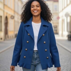 Prevett Royal Blue Peacoat w ruffle hem Size Large Wool Warm ANTHROPOLOGIE